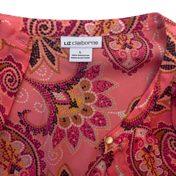 Liz Claiborne women’s paisley print pleated button‎ down 3/4 sleeve blouse large - Picture 2 of 6